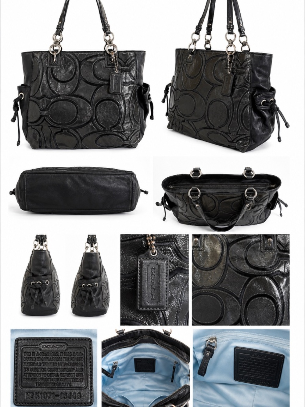 Coach Ashley Glam Black Patent Signature Leather Tote Shoulder Bag Hangtag